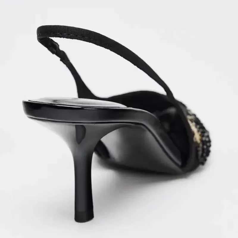 Fashion Mesh String Bead Embellished Design Heels Women Elegant Pointed Toe Back Strap Slip-On Sandals Black Party Dress Shoes W250814