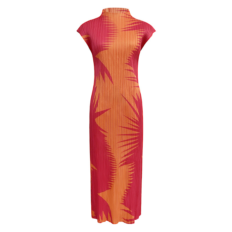 FF18013 Summer sleeveless half-high collar dress women's medium-length simple slim pleated bottoming skirt