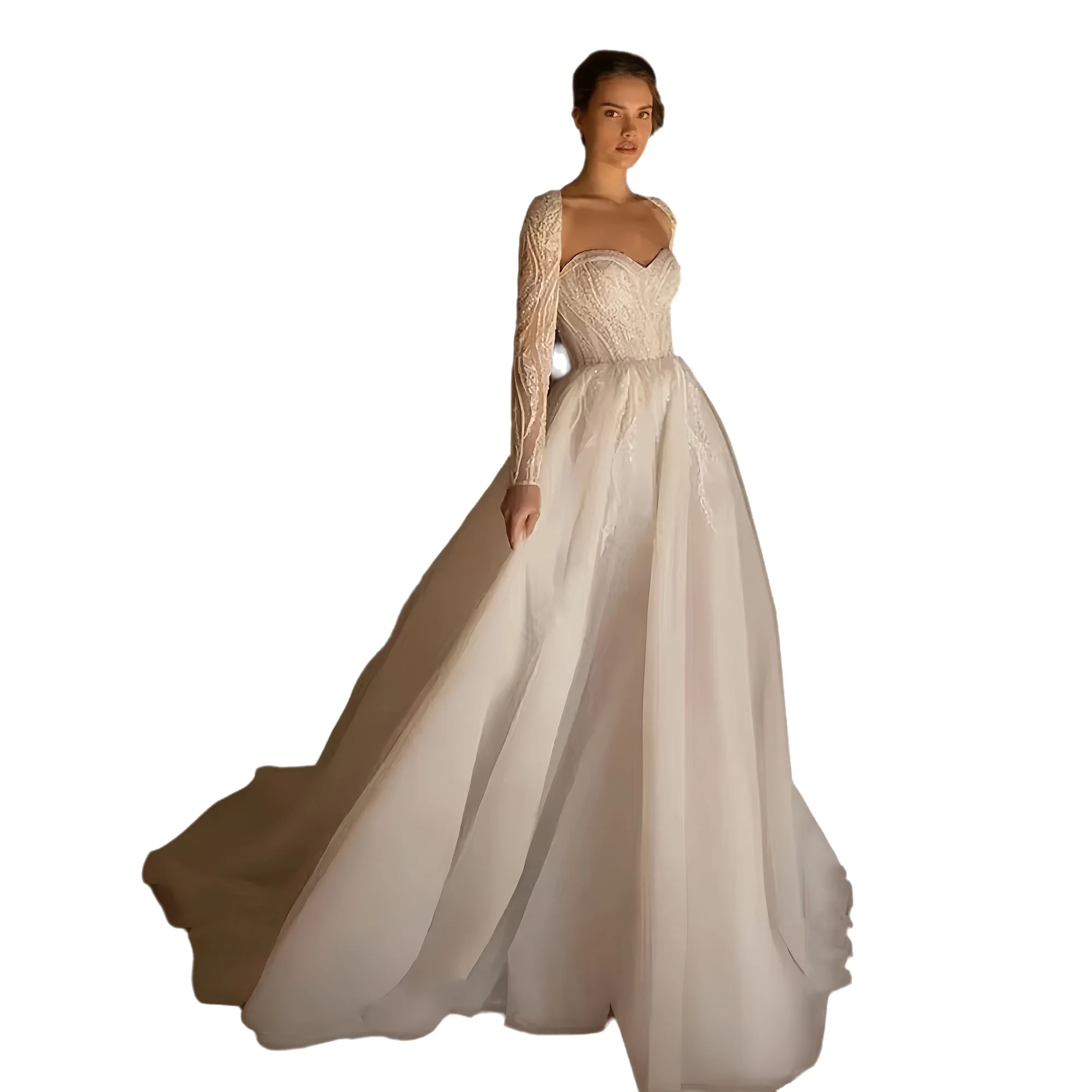 2025 Elegant A-line Wedding Dress Sweetheart Embroidery Appliques Beads Long Sleeves A Line Organza Bride Brida Grown Vestidos De Noiva