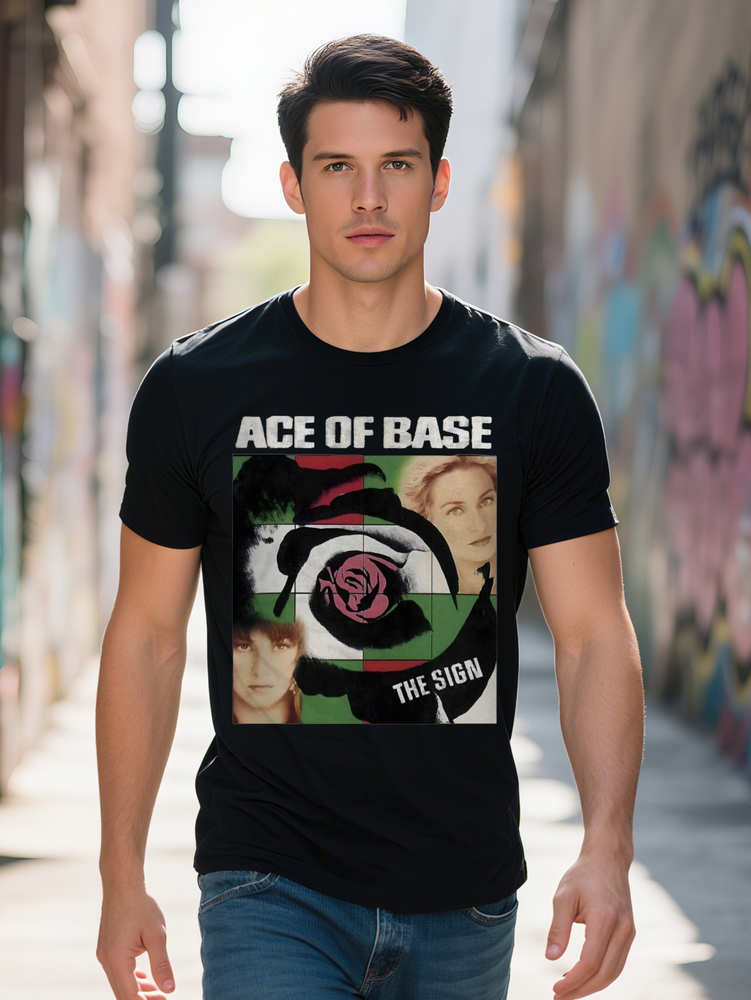 Casual Graphic T-Shirt ACE OF BASE THE SIGN Retro Band Design with Rose Faces Green Red Color Block Regular Fit