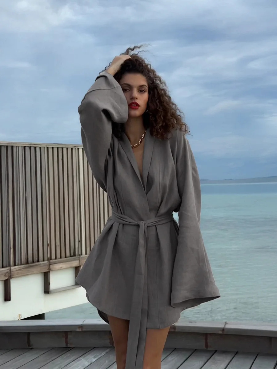 Bornladies Cotton And Linen Robe Dress 2025 Autumn Winter Womens Lace Long Sleeve Dress Casual And Comfortable Beach Dress 250813