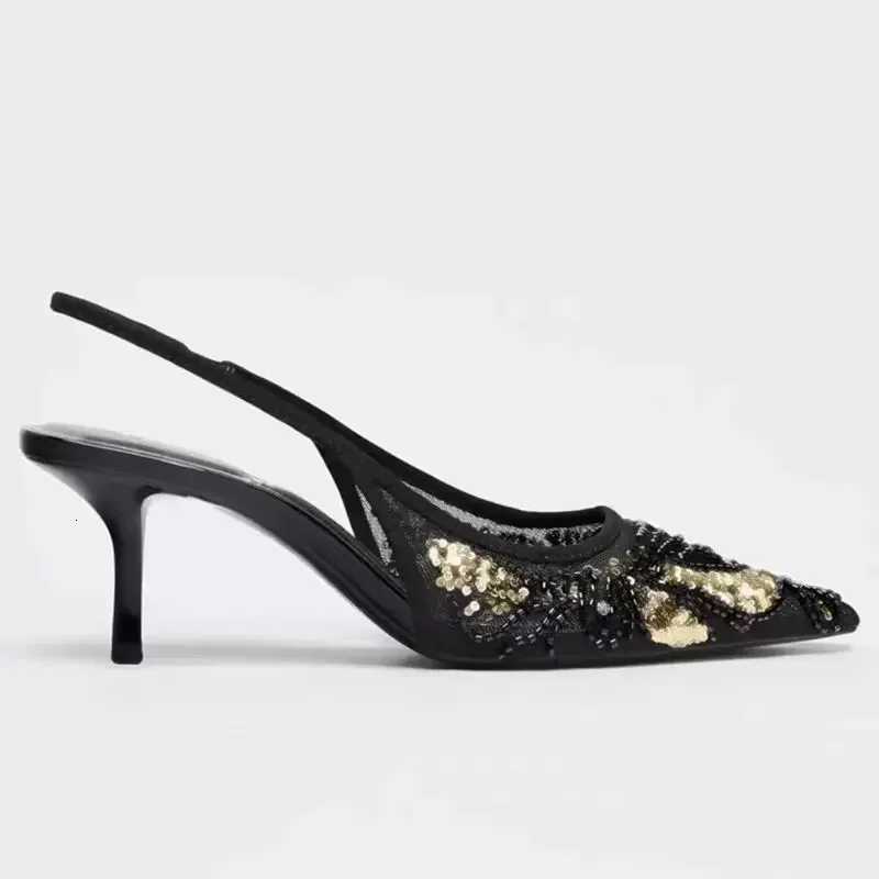 Fashion Mesh String Bead Embellished Design Heels Women Elegant Pointed Toe Back Strap Slip-On Sandals Black Party Dress Shoes W250814
