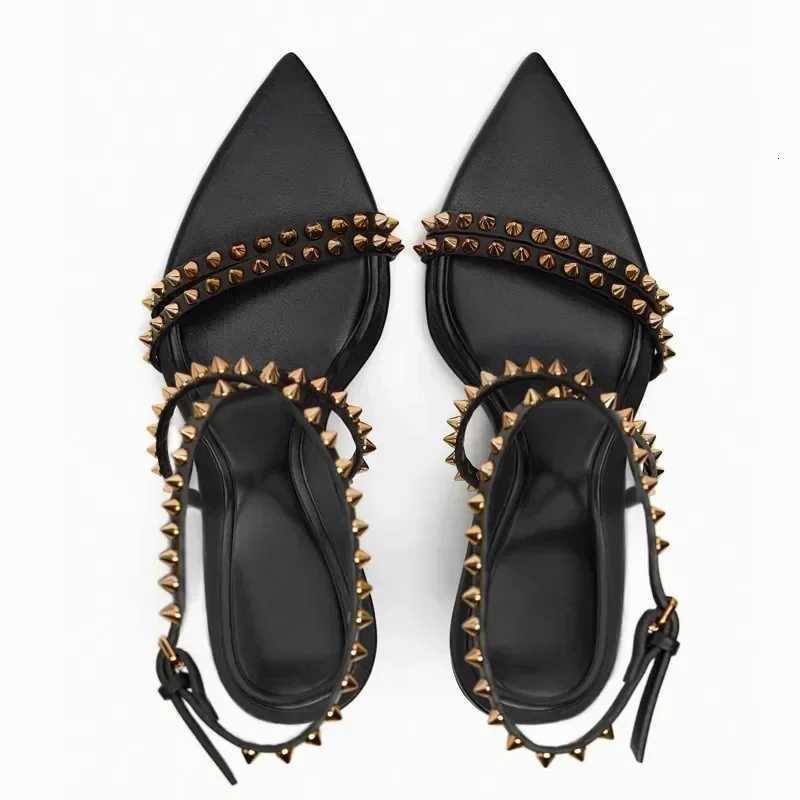 Luxury Designer Rivet Embellished Thin Heeled Sandals for Women Summer Sexy Pointed Toe Ankle Strap High Heels Elegant Party Shoes W250814