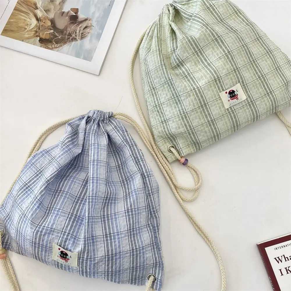 Vintage Korean Plaid Drawstring Bag Y2k Aesthetic Harajuku Plaid Backpack Casual Lightweight Student Schoolbags Outdoor XJ250814