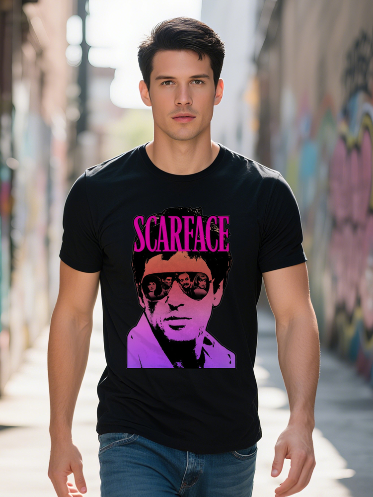 Scarface Graphic Men's Casual T-Shirt Black Round Neck Summer Tee with Bold Pink Text Purple Fashion Glasses Print