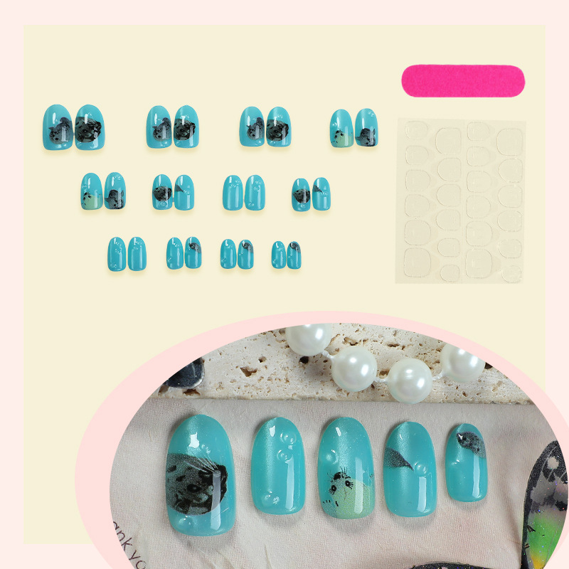 24pcs Shiny Green Cat Eye False Cute Seal Print Fake Tips Wearable Reusable Glossy Short Round Press on Nails X250814
