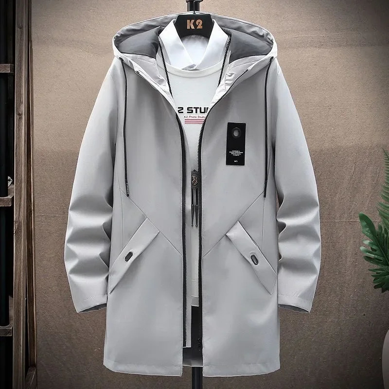 Spring and Autumn Fashion Trend Long Trench Coat Mens Casual Loose Comfortable Windproof Large Size Hooded 250813