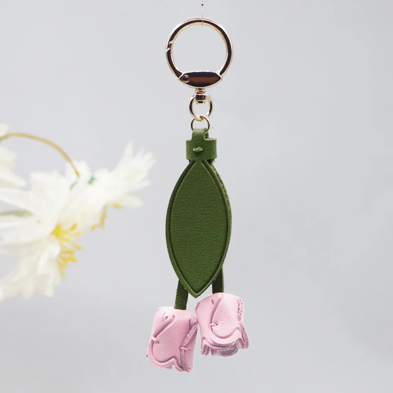 Lily Of The Valley Tulip Bag Charm Handmade Cowhide Woven flower Knitted High-end Cute Personalized Leather Keychain 250813