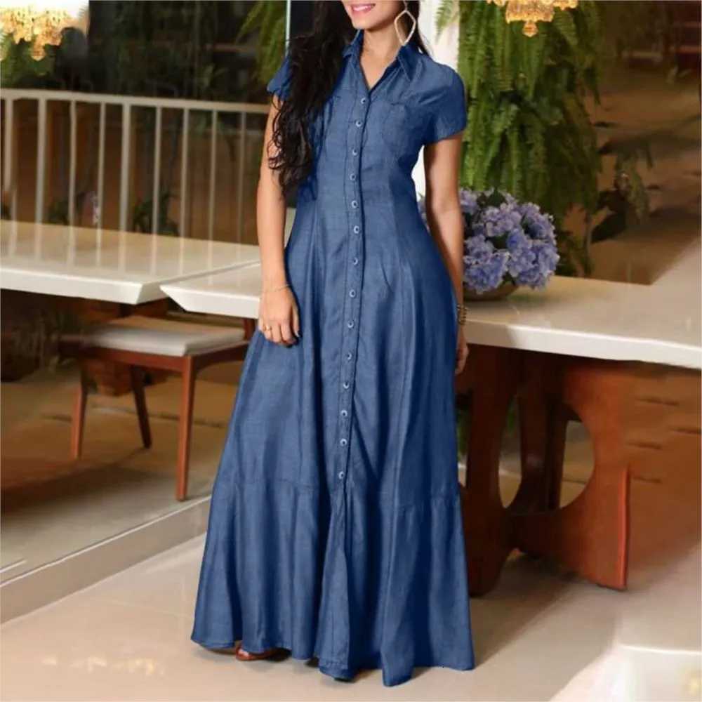 2024 Women New Lapel Pocket Splicing Casual Short Sleeve Solid Color Large Swing Denim Dress Loose Single Breasted Shirt Dress XJ250814