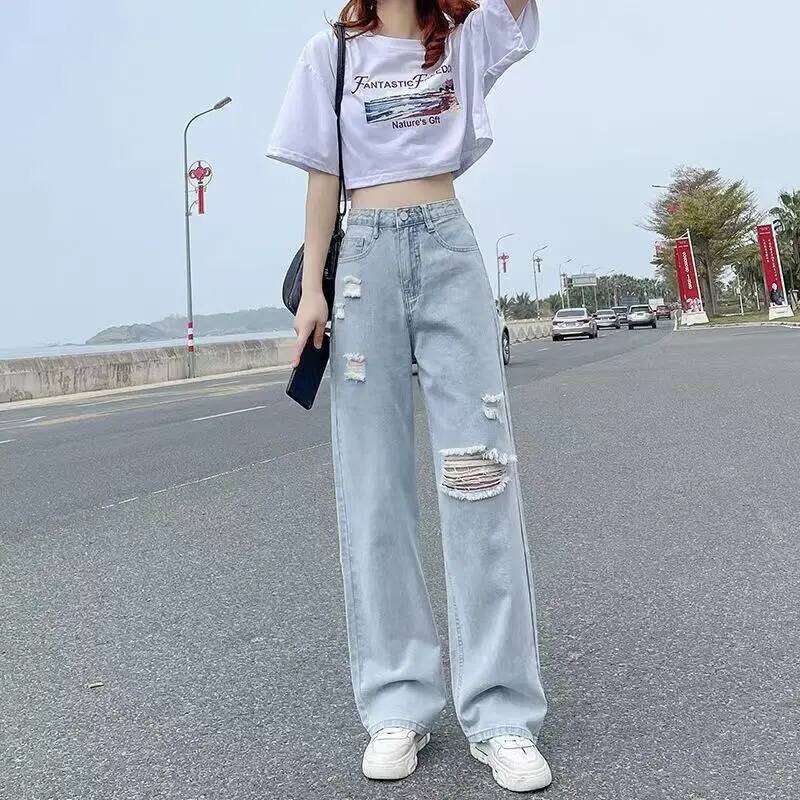 Pierced High Waist Jeans Women's Spring and Summer Straight Tube Loose 2022 New Fashion Casual Thin Wide Leg Pants