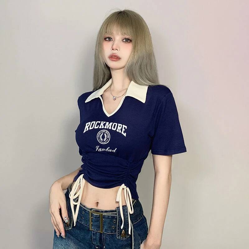 2025 Women's Designer Sweet and fashion Spicy Style Clothes Women's Drawstring Strap Cutting Top Women's Folding Collar Pattern Short S