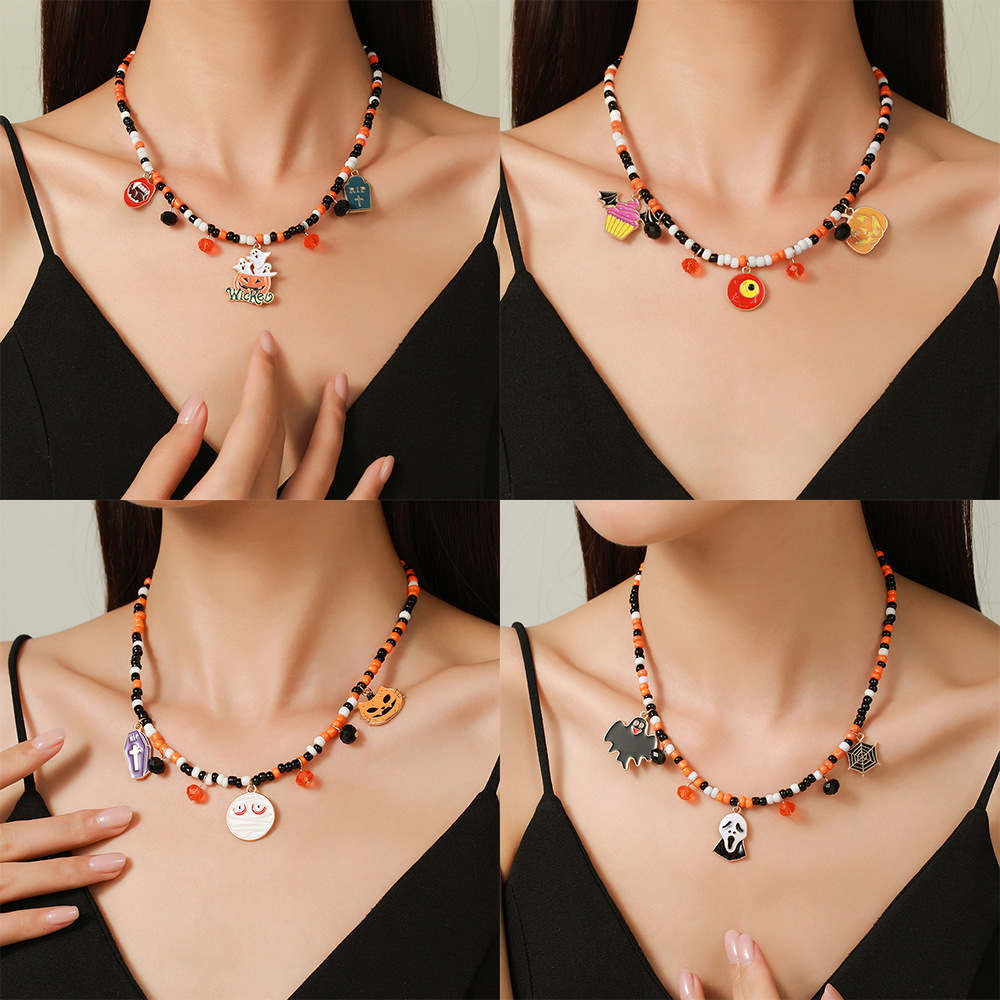 New Fashion Versatile Halloween Ghost Pumpkin Multi-Pendant Seed Bead Necklace