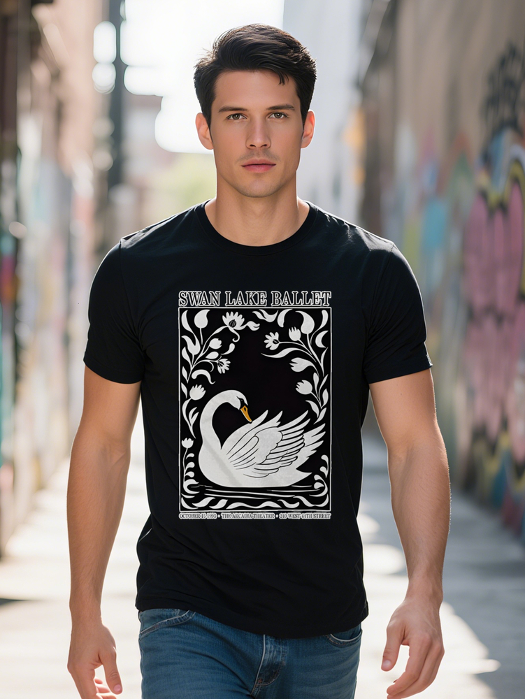 Casual Versatile Round Neck T-shirt with Swan for Lotus Print Pattern Top Men's Gift