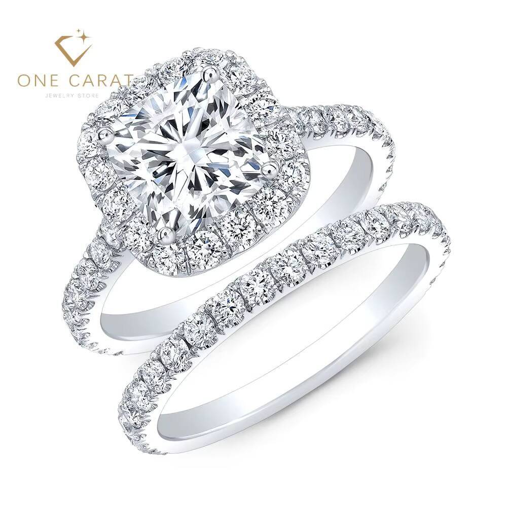 Classic Halo Moissanite Square Cushion Cut Engagement Ring Solid 14K White Women D Color 1CT 2CT 3CT Gold Wedding Rings Set