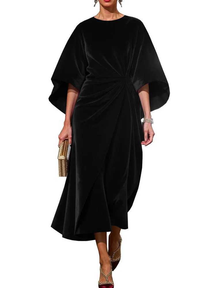 2025 Womens Fashion And Ele Gold Velvet Waist Dress Bat Sleeve Dress New Spring Autumn Solid Party Dresses Womens Dresses XJ250814