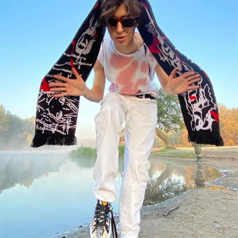 Fashion creative Goth Letter striped knitted womens scarf mens winter scarf apron black tassel luminous Y2K Kpop 250813
