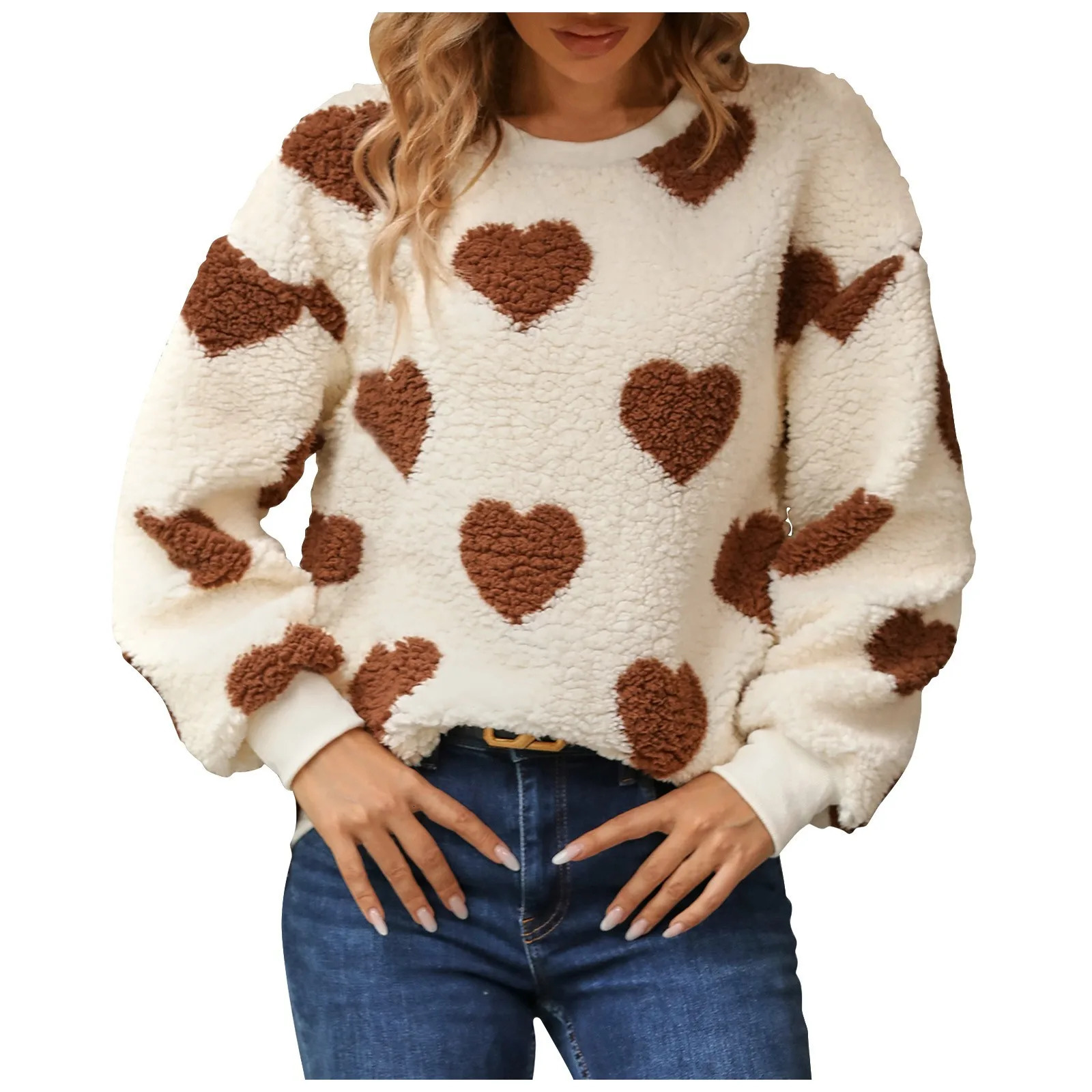 Plush Heartshaped Printed Sweater Women Loose Comfortable Round Neck Pullover Sweaters Casual Fashionable Long Sleeved Tops 250813