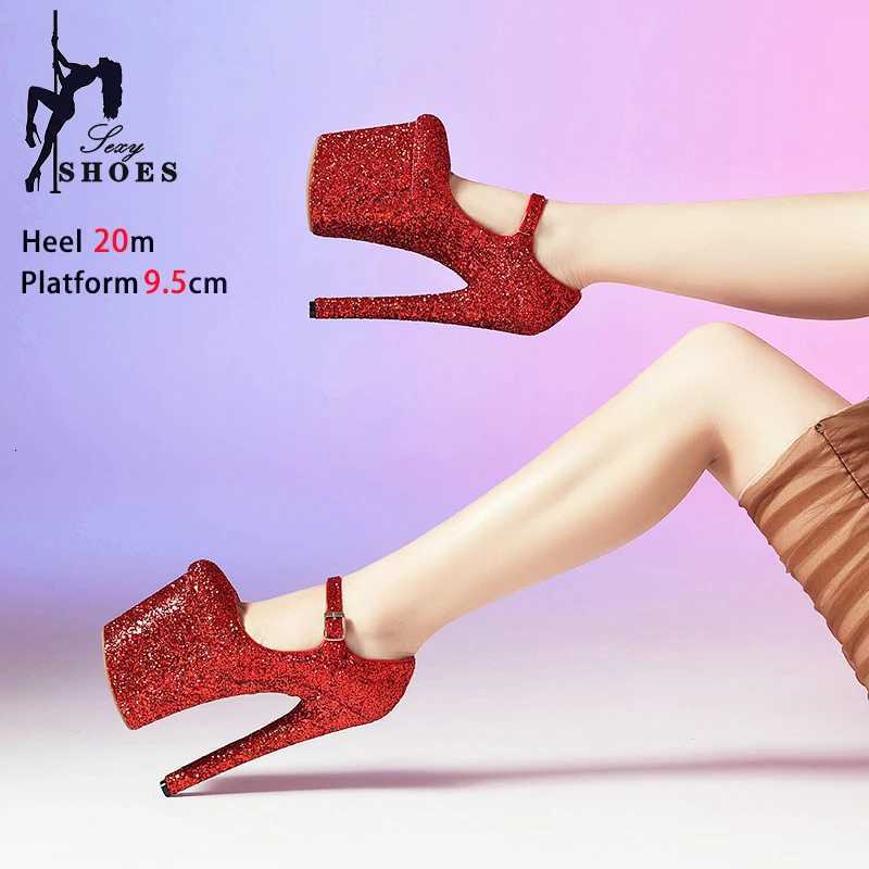 Female Sequin Pumps Fashion Buckle Strap Women Shallow Mouth Thin High Heels Nightclub Club 20CM Stripper Heels Pole Dance Shoes W250814
