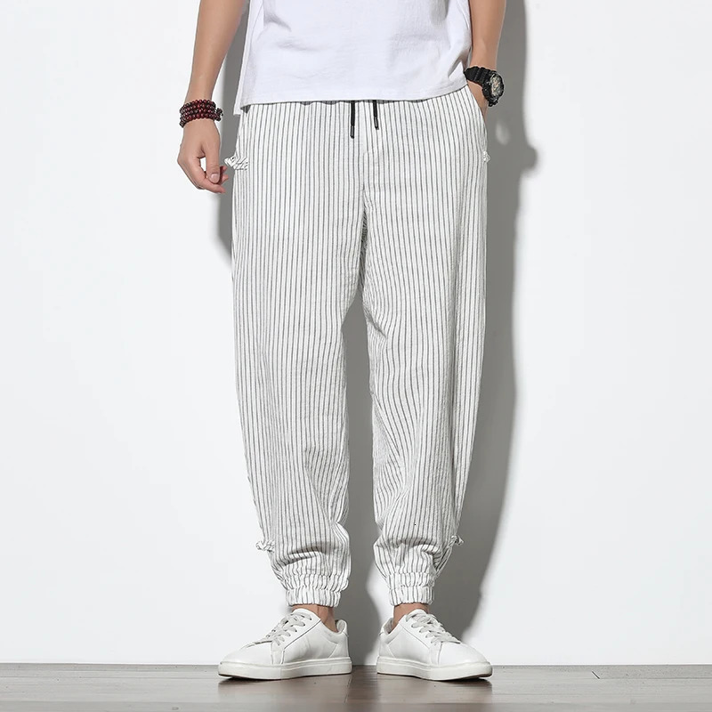Spring Summer Disc Buckle Striped Harem Pants Mens Breathable Cotton Linen Pencil Casual Bloomers Fashion Trousers 250808