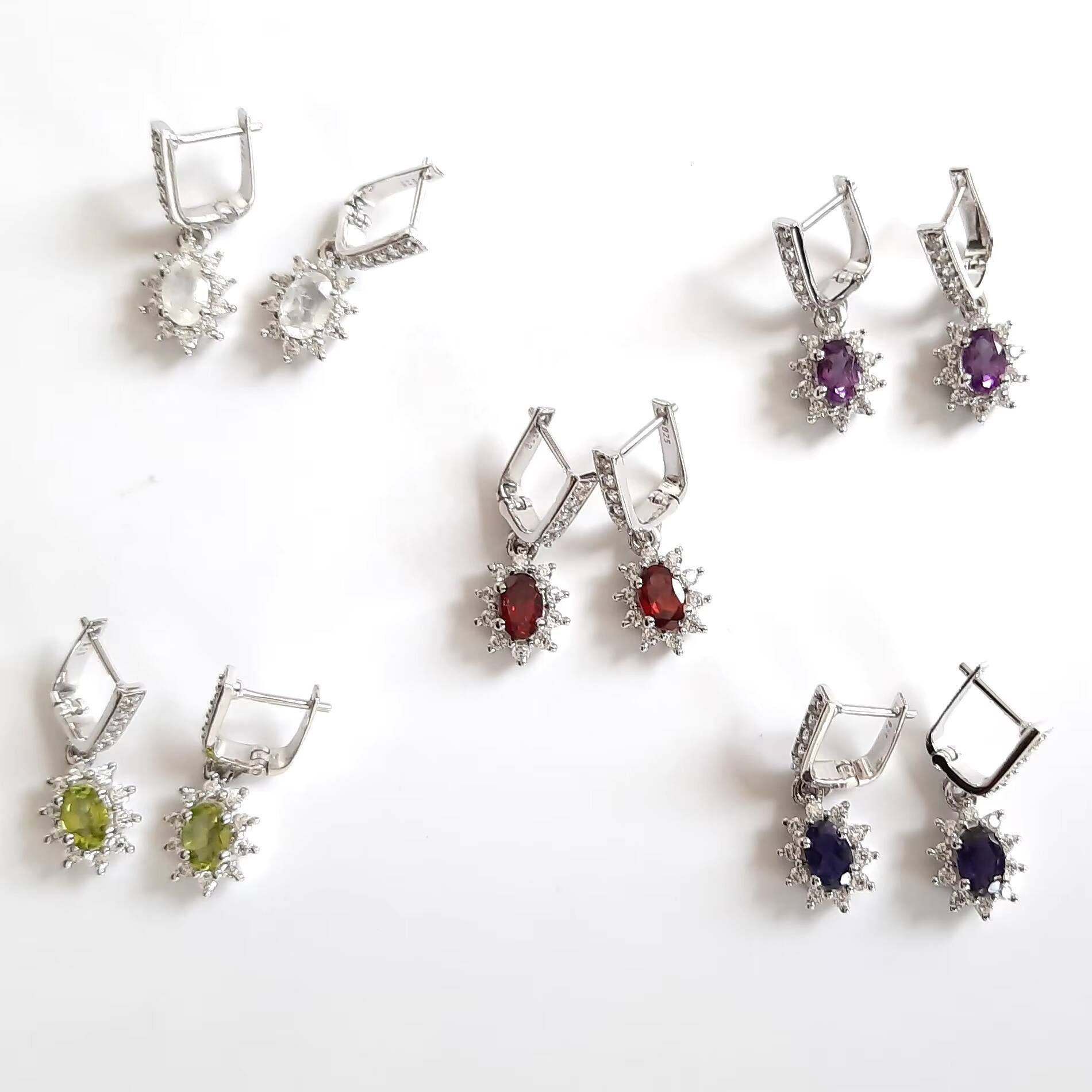 Fashion Solid Sterling Sier Peridot Garnet Amethyst Yellow Topaz Blue Opal Moonstone Stud Earrings