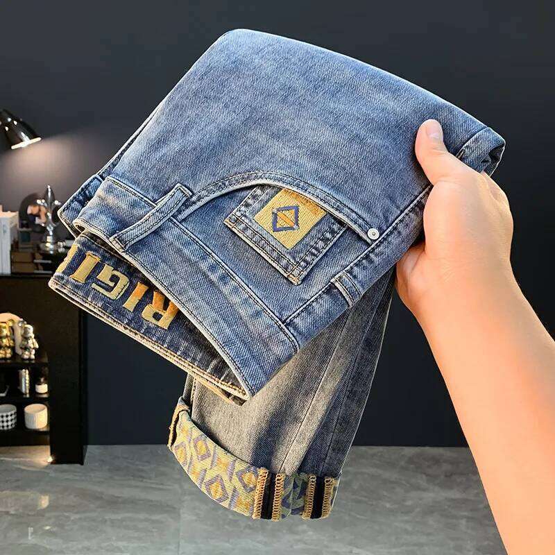 Trendy Embroidered Printed Jeans for Men 2025 New Fashionable Brand Slim Fit Elastic Washed Small Straight Pants