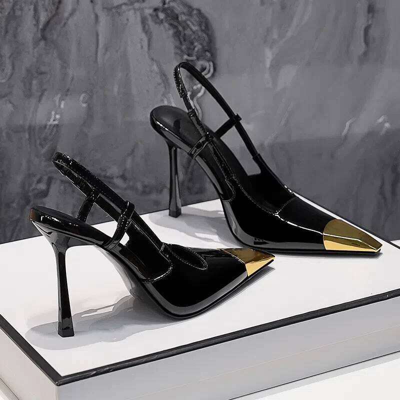 New Summer Women's High-heeled Sandals Gold Iron Patent Leather Black Stiletto Square Head Closed Toe Sling Back Shoes