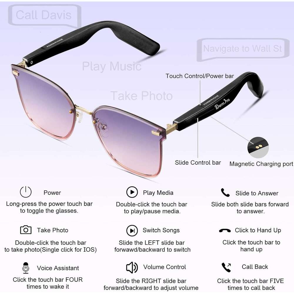 Dormiro Women's Nano IPX7 Waterproof Smart Translator 150+ Languages AI Glasses with Speaker, Open Ear Headphones, Touch Control Bluetooth Sungla