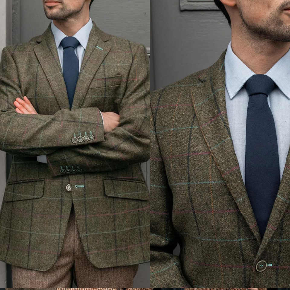 Vintage Check Men Suit Single Breasted Wool Blend Short Man Tailcoat Notched Lapel Business Blazers Overcoat Customized