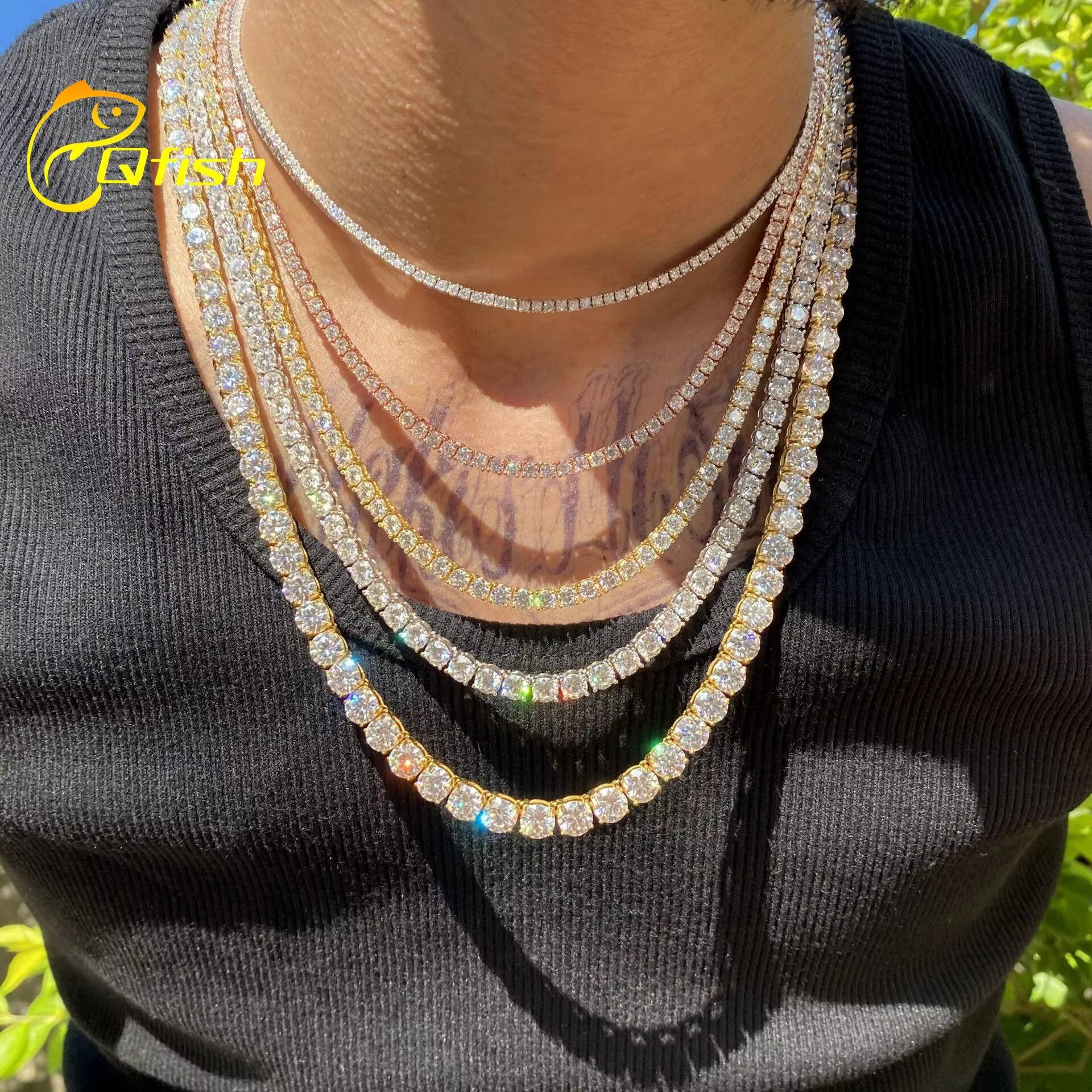 Hip Hop 2mm 3mm 4mm 5mm 925 Sterling Silver Iced Out VVS Moissanite Diamond Cluster Tennis Chain Bracelet Necklace