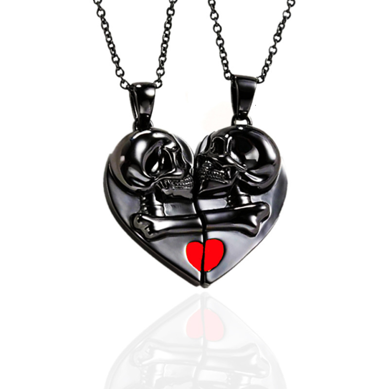 Punk Style Skull Halloween Pendant Magnetic Splicing Heart Niche Couple Necklace
