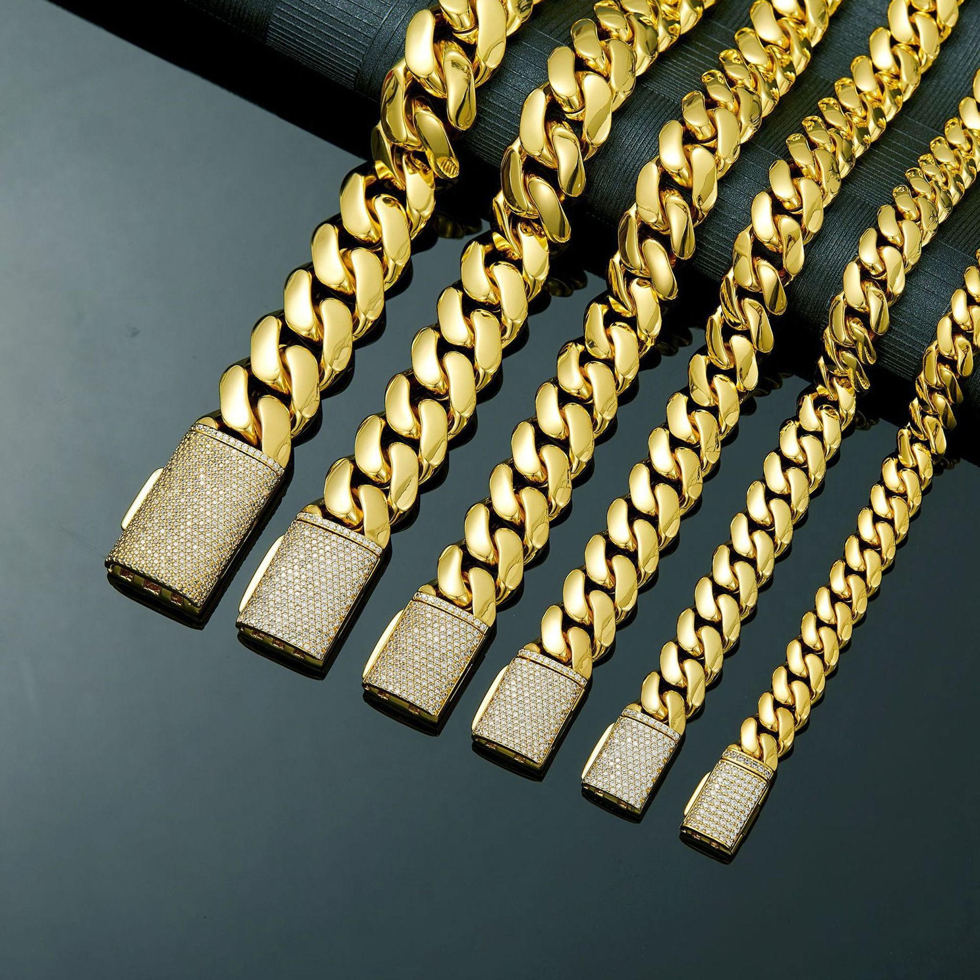8-22mm Stainless Steel Miami Cuban Chain Copper Clasp 14K Gold Plated Jewelry Mens Necklace Jewelry