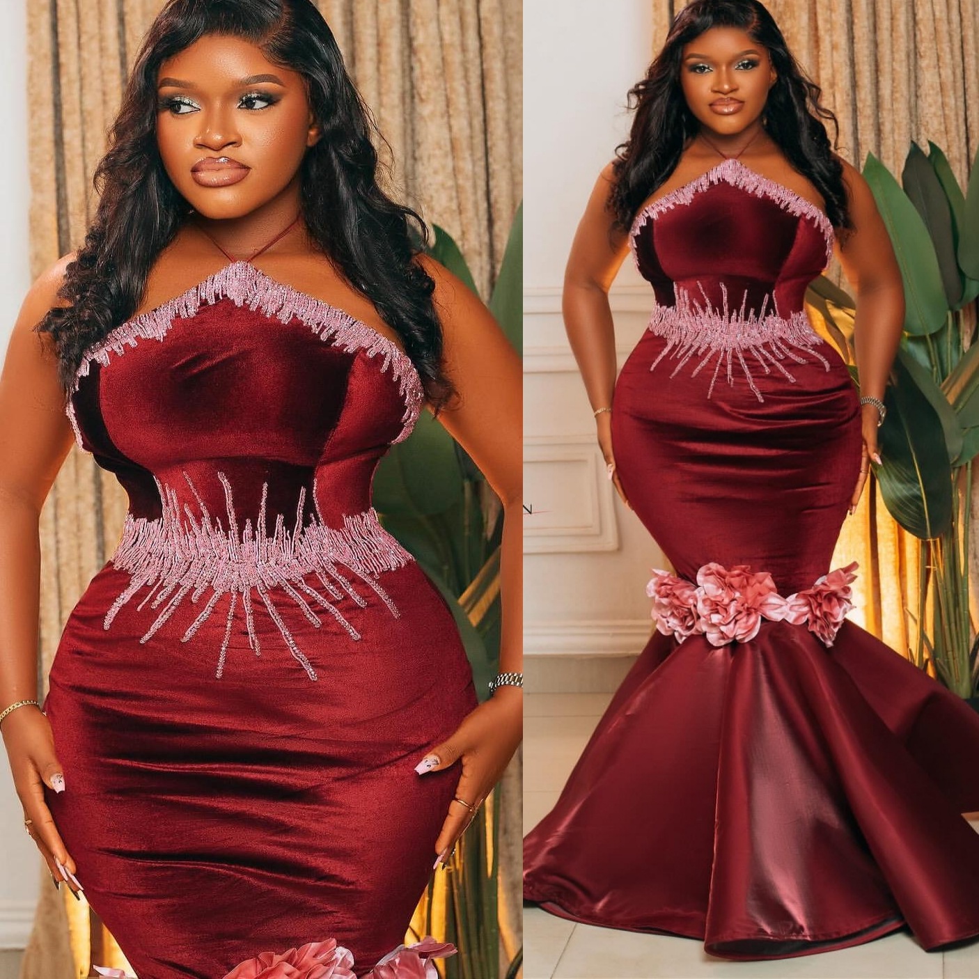 Mermaid Burgundy Prom Dresses 2025 Beaded Flowers Satin Halter Evening Formal Party Second Birthday Engagement Gowns Plus Size Dress For Special Occas