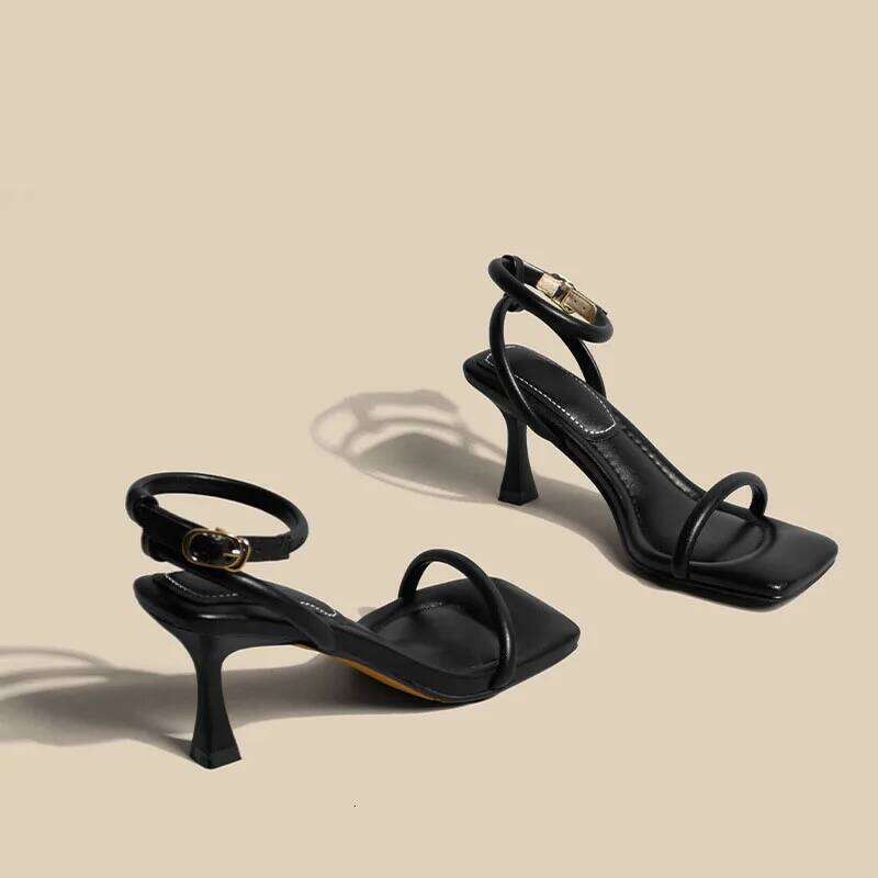 Black Ankle-Strap Buckle Sandal Summer Square Toe Ladies Stiletto High Heel Shoes Sexy Solid Thin Band Sandalias De Mujer Verano