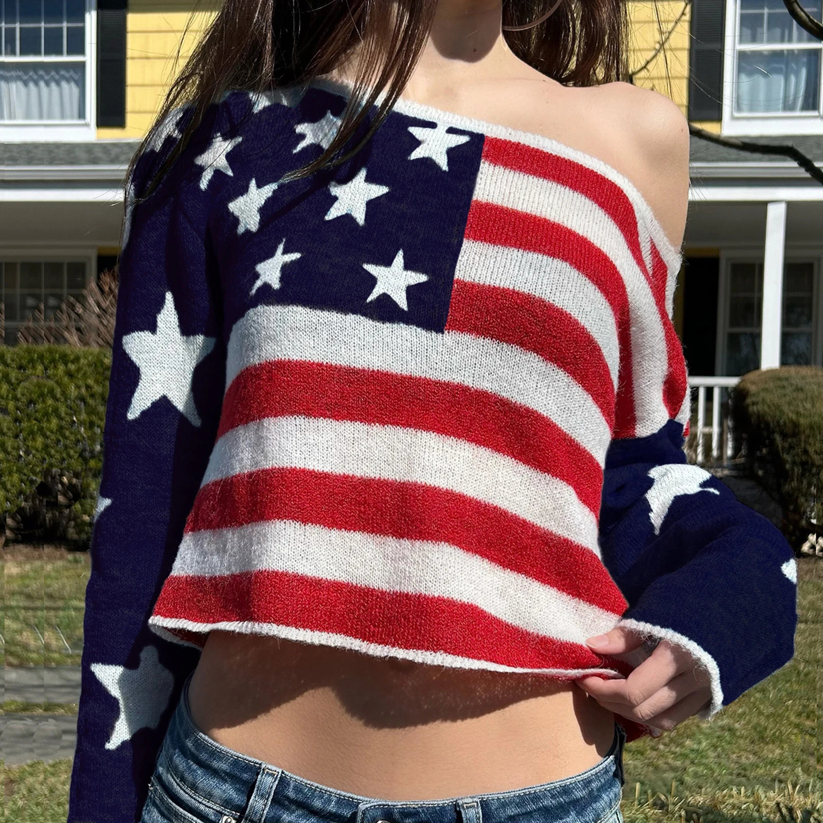 Puloru Off One Shoulder Patriotic Knit Tops Women Boat Neck Long Sleeve Thin Loose Fit Sweater American Flag Knitwears Crop Tops 250808