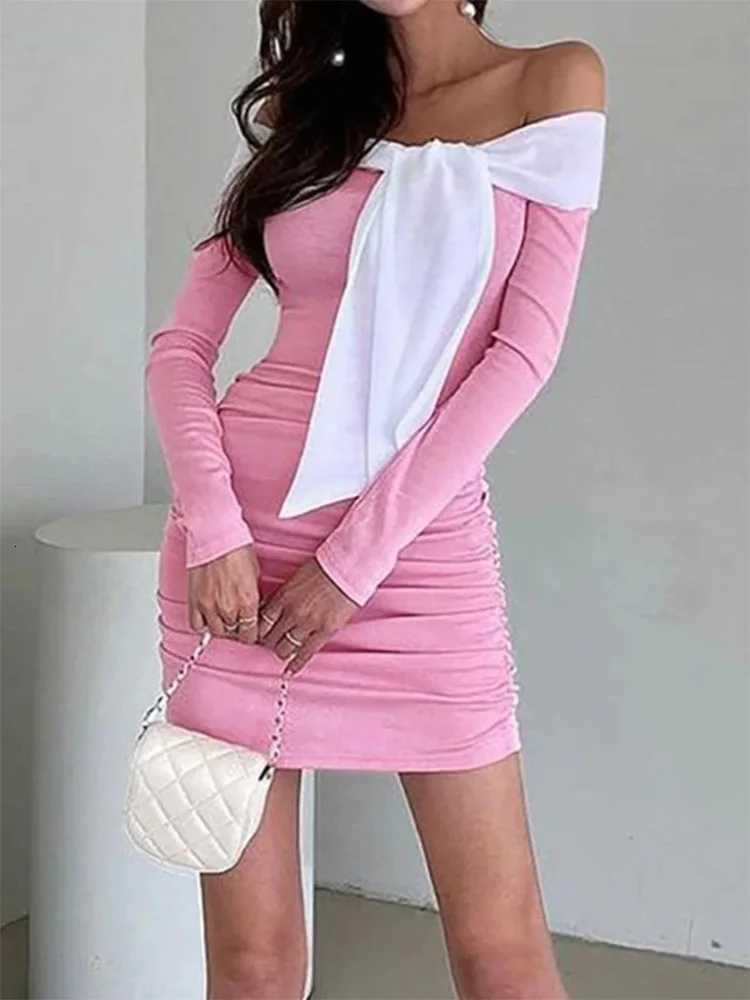 Womens Off-the-Shoulder Long Sleeve Dress with Butterfly Straps Pleated Design Elegant Feminine XJ250814