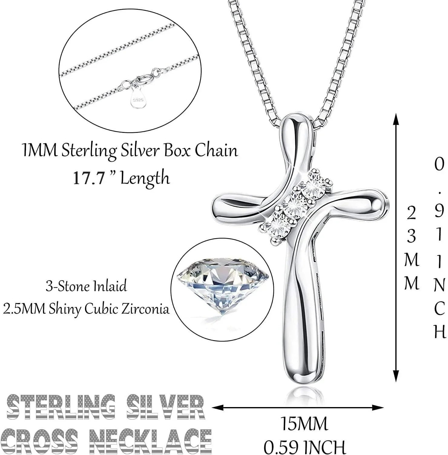 925 Sterling Silver Cross Necklace for Women 3 Stone Cubic Zirconia Silver Cross Pendant Necklaces with 1 MM Box Chain18 Inches 250812