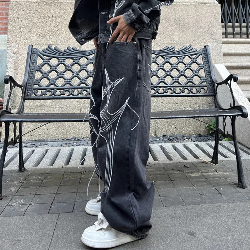 Cyber Y2K Streetwear Wing Embroidery String Stacked Baggy Jeans Pants For Men er Clothes Rock Black Long Trousers 250813