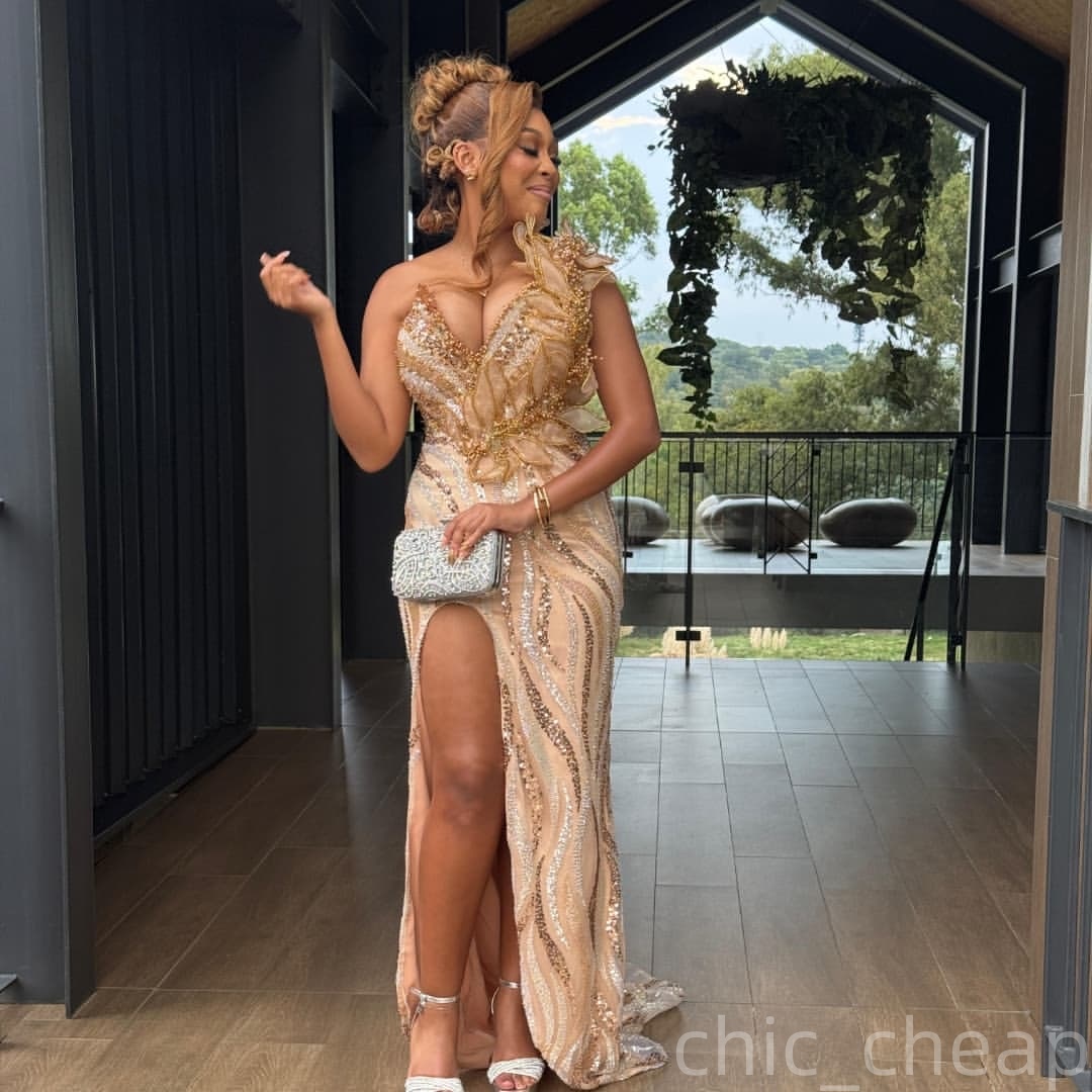 Champagne Mermaid Prom Dresses 2025 Illusion Florals Beaded Evening Formal Party Second Birthday Engagement Gowns Plus Size Dress For Special Occasion