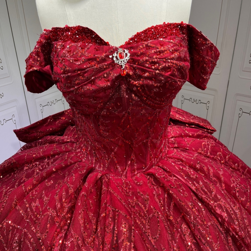 Red Shiny Quinceanera Dresses Off The Shoulder Sequin Applique Lace Beads Bow Tull Party Birthday Ball Gown Vestidos De 15 Anos Sweet 16 Dress