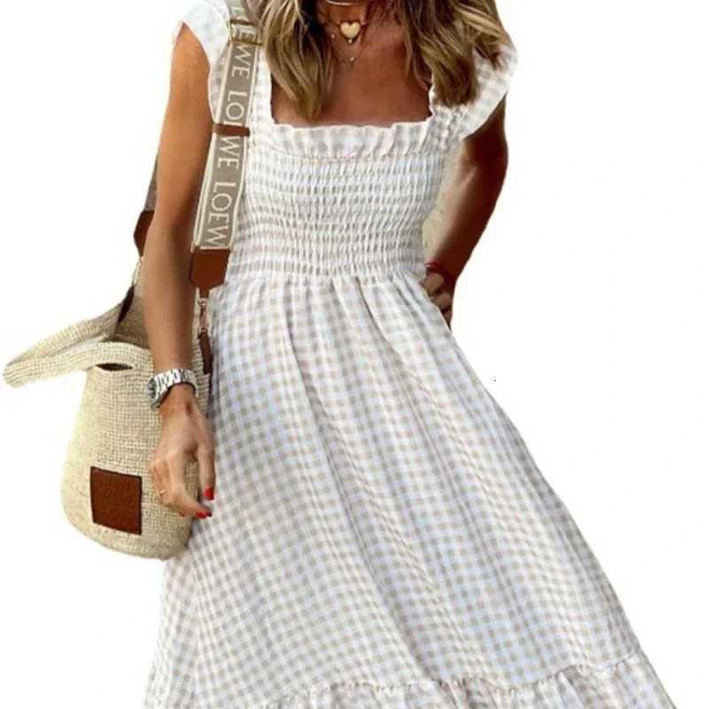 100% Plaid Slip Maxi Long Dress Summer Women Strapless Ruffle Backless Pleated Elastic Waist Boho Party Swing Loose Dresses XJ250814