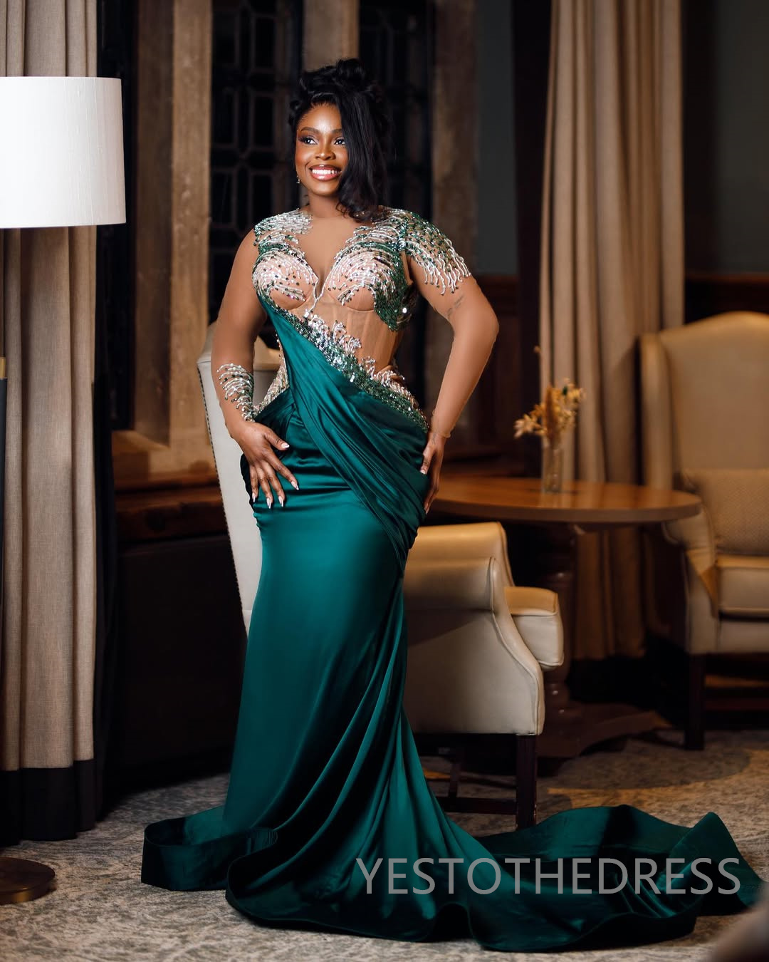 2025 Mermaid Hunter Prom Dresses For Black Women Aso Ebi Illusion Sheer Neck Long Sleeves Appliqued Lace Beaded Birthday Dress Second Reception Gown A