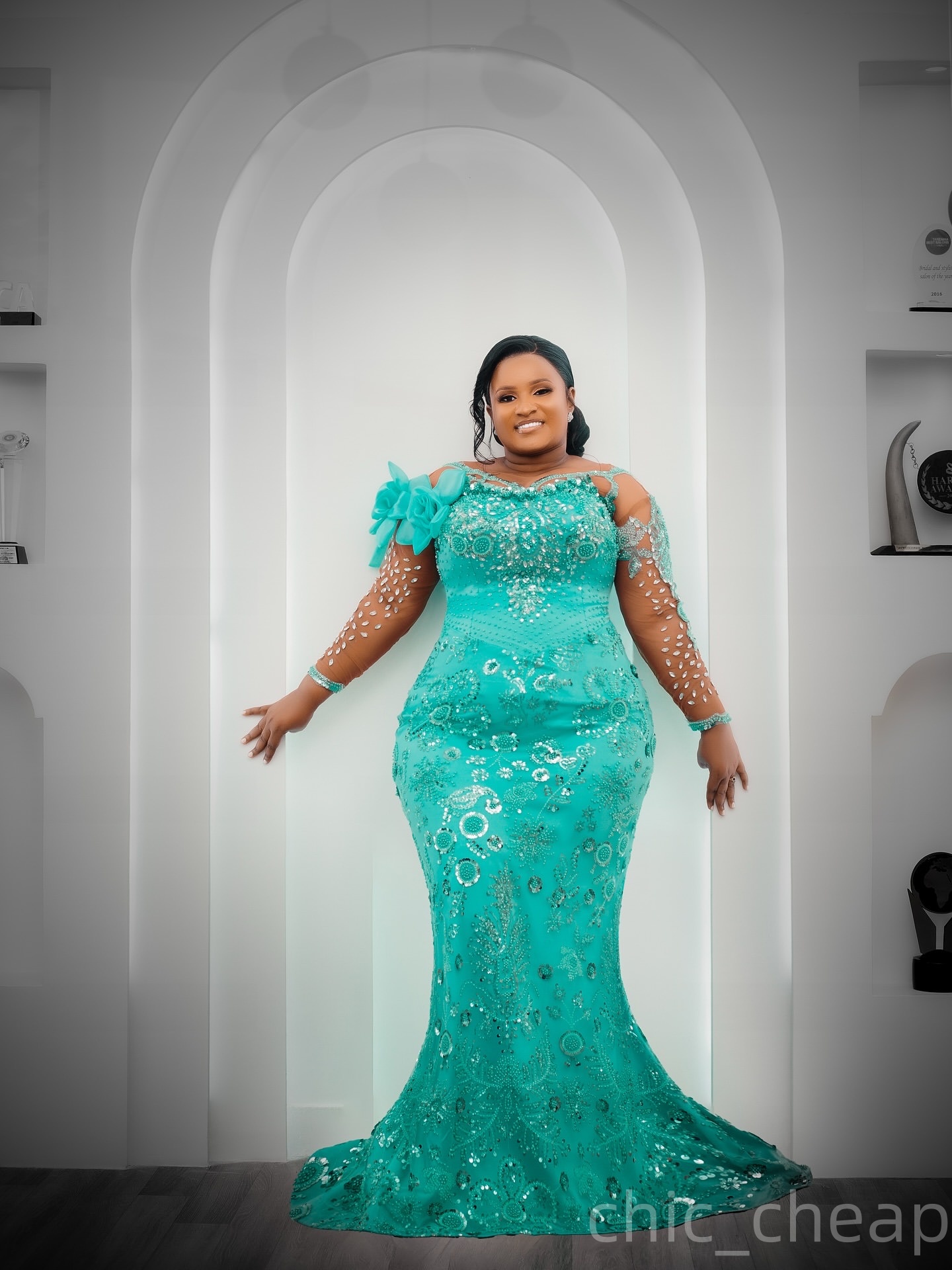 Turquoise Mermaid Prom Dresses 2025 Flowers Crystals Sequined Evening Formal Party Second Birthday Engagement Gowns Plus Size Dress For Special Occasi