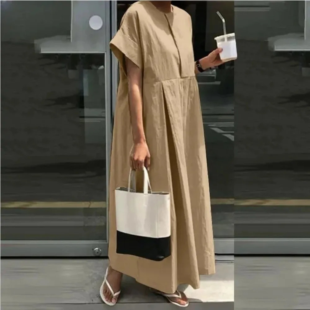 Large Size Womens L-5XL Plus Size Loose Cotton Dress Round Neck Solid Color Long Dress College Style Short Sleeved Loose Casual 250813