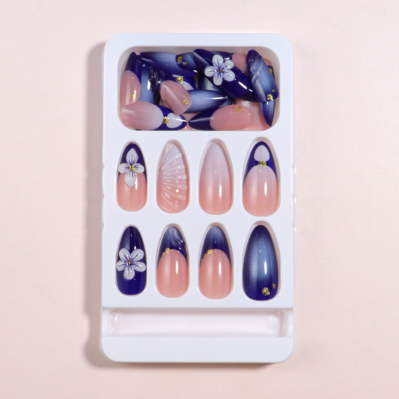 2025 Trendy Handmade Medium Al Press On 10Pcs 3D Blue Flower Design False Nails with Adhesive Glue & Nail File Set X250814
