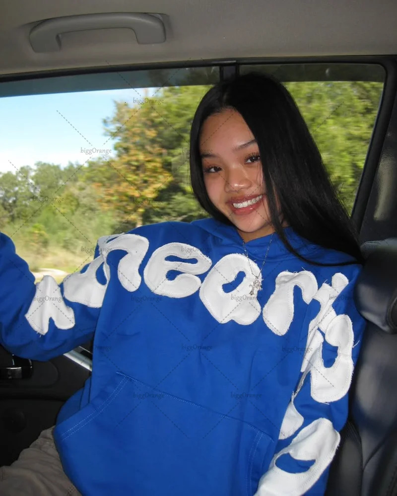 American style blue pullover trendy retro patchwork embroidery men hoodie sweatshirt Harajuku Gothic loose sweatshirt 250813