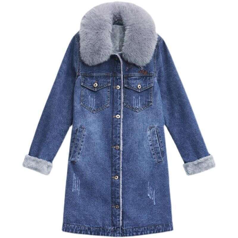 Women Winter Denim Fleece Coat Big Furry Collar Mid Length Flap Pockets Cardigan Warm Thick Casual Lady Jackets
