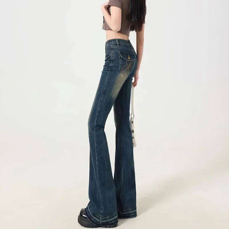 Woman New Waist Designer Flare Jeans Girls High Street Vintage Y2k 2000s Bell Bottom Pants Female Blue Baggy Denim Trousers