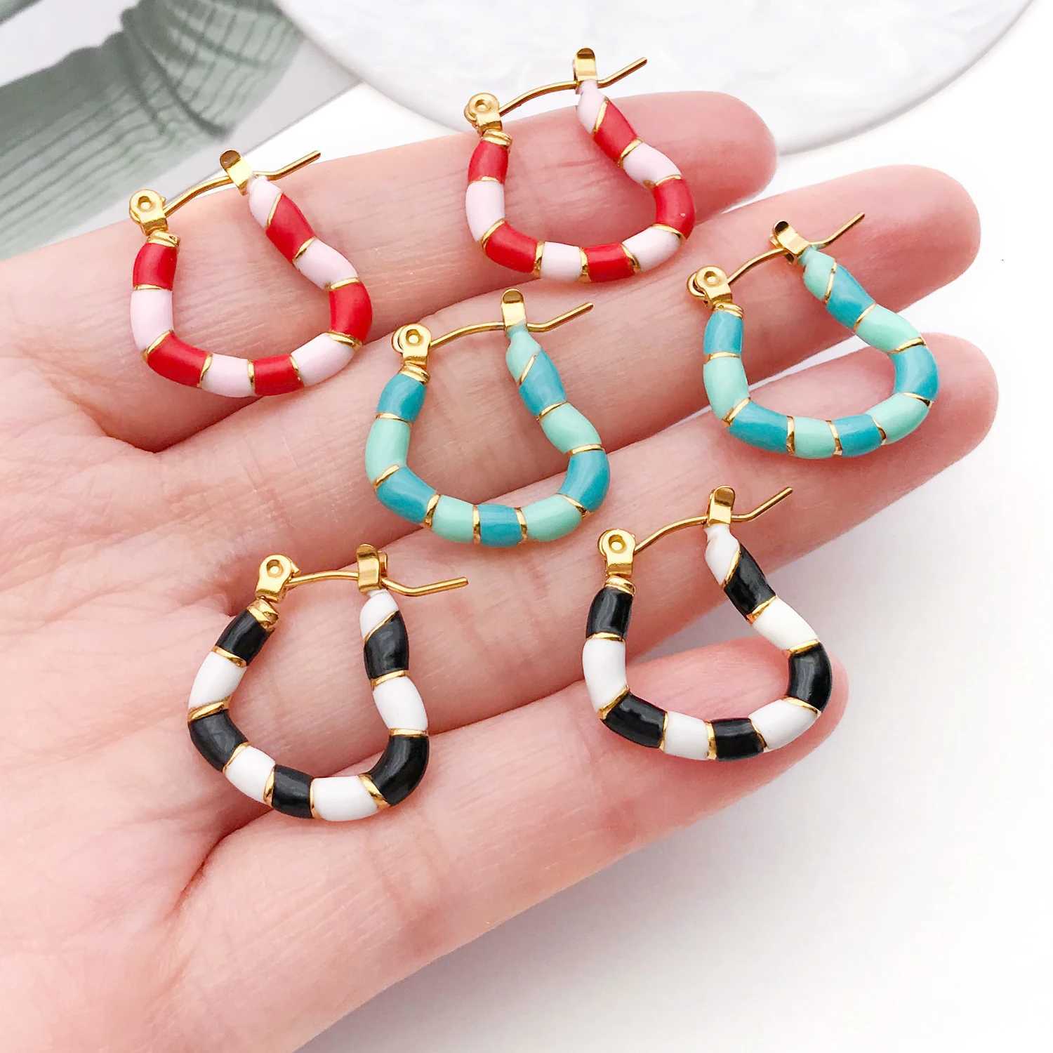 2pcs Stainless Steel Earrings Simple Geometry Colorful Enamel Bamboo Hoop Earrings for Womens Daily Wear Jewelry Accessories XJ250814