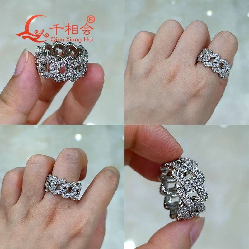 Sterling 925 Silver Hip Hop D VVS Moissanite Ring 11.8mm Two Rows round Diamonds Engagement Wedding Jewelry for Men And Women