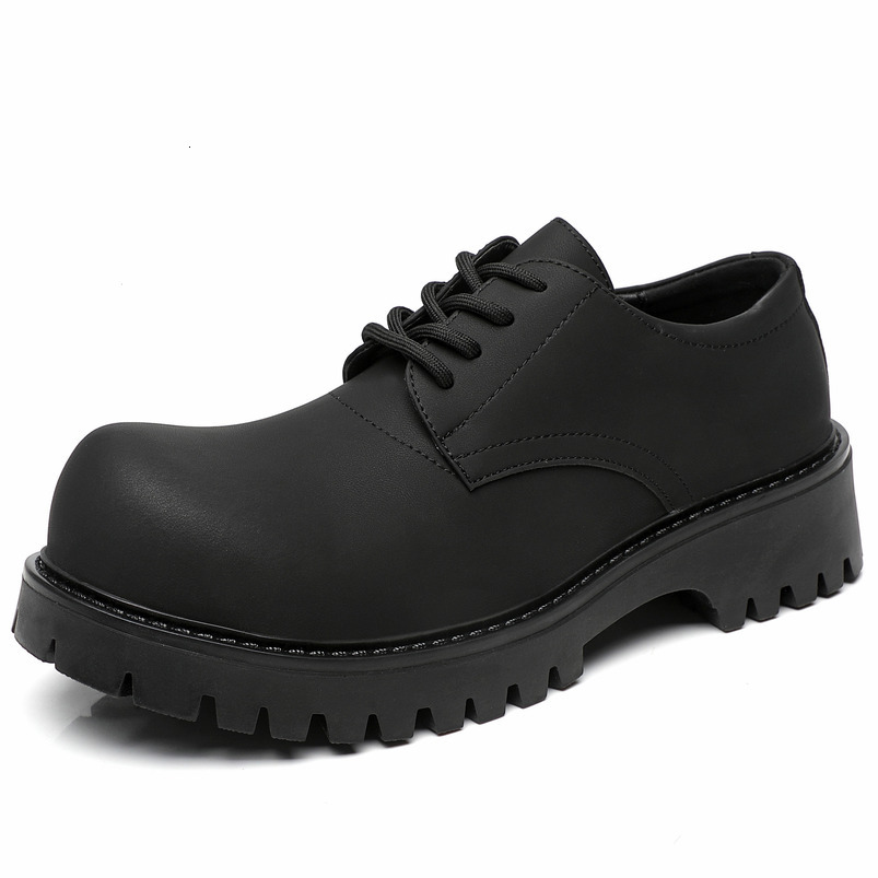 Derby for Men Spring New Black Matte Business Formal Versatile Height Increasing Thick Sole Round Large Toe Men's Leather Shoes